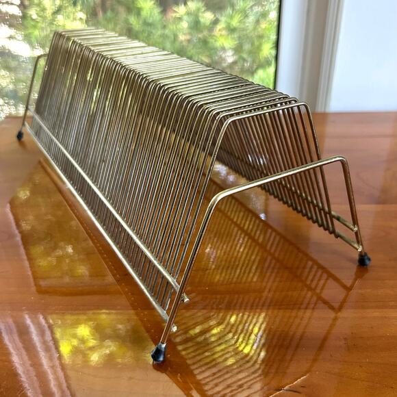 MCM Atomic Brass & Wire Record Album Holder Stand – Metal Tabletop Rack - Picture 1 of 13